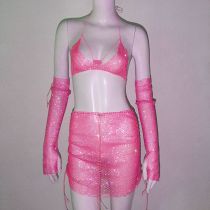 Fashion Rose Red Fishnet Rhinestone Halterneck Suspender Skirt Arm Sleeve Three-piece Set
