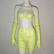 Fashion Fluorescent Green Fishnet Rhinestone Halterneck Suspender Skirt Arm Sleeve Three-piece Set