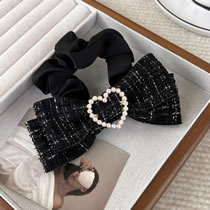 Fashion C Black Fabric Slub Bow Pearl Love Pleated Hair Tie