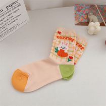 Fashion Orange Rabbit Cotton Printed Color Block Mid-calf Socks