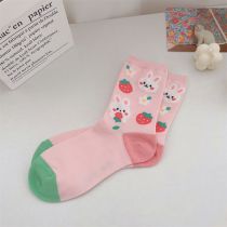 Fashion Pink Rabbit Cotton Printed Color Block Mid-calf Socks