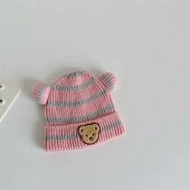 Fashion Pink Bear Patch Striped Beanie