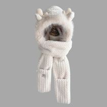 Fashion Milky White Blended Deer Antler Gloves Scarf Integrated Plush Ear Protection Hat