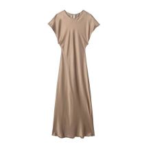 Fashion Brown Silk Satin Pleated Dolman Sleeve Maxi Dress