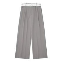 Fashion Grey Blend Pleated Rolled Hem Straight-leg Trousers