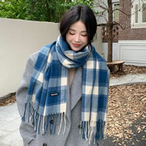 Fashion Main Picture Navy Blue Plaid Cotton Checked Patchwork Fringed Scarf