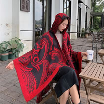 Fashion Red Cashew Nuts Faux Cashmere Printed Hooded Shawl