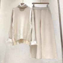Fashion Off White Spandex Knitted Turtleneck Sweater Wide Leg Trousers Suit