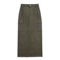 Fashion Green Faux Leather Workwear Large Pocket Skirt