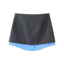 Fashion Gray And Green Polyester Plaid Patchwork Skirt  Polyester