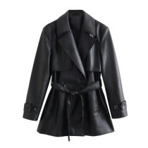 Fashion Black Faux Leather Lapel Lace-up Trench Coat