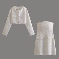Fashion White Woolen Round Neck Jacket Strapless Pocket Embellished Skirt Suit