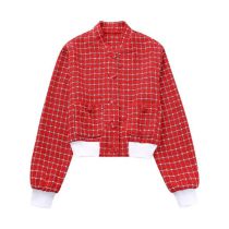 Fashion Red Polyester Plaid Stand Collar Buttoned Jacket