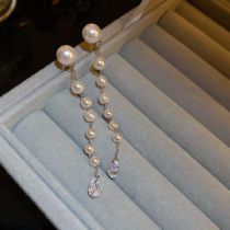 Fashion Silver Geometric Pear Drop Diamond Large And Small Pearl Earrings
