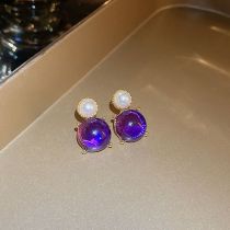 Fashion Gold-purple Pearls Geometric Pearl Round Glass Stud Earrings
