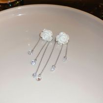 Fashion White Flower Crystal Chain Asymmetric Earrings