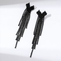 Fashion Black Geometric Diamond Long Tassel Love Earrings  Rhinestones