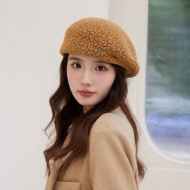Fashion Khaki Beret With Metal Letters  Sheep And Rabbit Hair