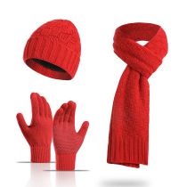 Fashion Red Wool Knitted Cable Beanie Scarf Set Five Finger Glove Set
