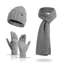 Fashion Grey Wool Knitted Cable Beanie Scarf Set Five Finger Glove Set