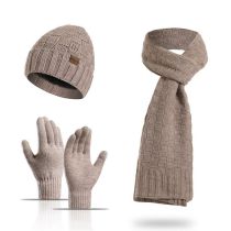 Fashion Khaki Wool Knitted Cable Beanie Scarf Set Five Finger Glove Set