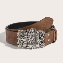 Fashion (top Color Pressed Leather) Square Flower Buckle Metal Geometric Texture Flower Pin Buckle Wide Belt  Imitation Leather