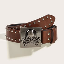 Fashion Square Skull Snap Button (with Silver Rivet Style) Camel Color Metal Skull Rivet Snap Buckle Wide Belt  Pu Leather