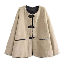 Fashion Khaki Rabbit Fur Buttoned Crew Neck Coat  Polyester