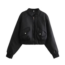 Fashion Black Polyester Stand Collar Zipper Short Jacket  Polyester