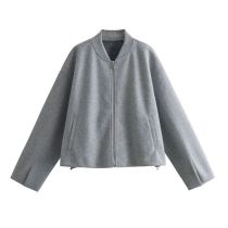 Fashion Grey Polyester Stand Collar Zipper Jacket