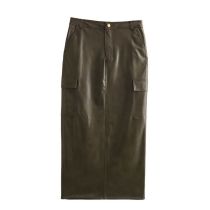 Fashion Brown Faux Leather Workwear Slit Skirt