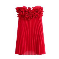 Fashion Red Polyester Lace Pleated Skirt