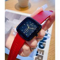 Fashion Red Ribbon Stainless Steel Square Dial Silicone Watch