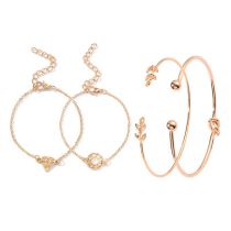 Fashion Gold Alloy Geometric Diamond Ring Leaf Knotted Bracelet Set