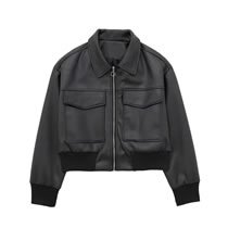 Fashion Black Leather Lapel Zipped Jacket