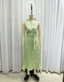 Fashion Green Polyester Crossover Halter Neck Tie Print Dress