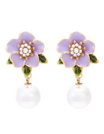 Fashion Purple Alloy Oil Drip Pearl Flower Earrings