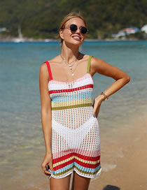 Fashion White Color Striped Knit Sunscreen Blouse With Straps
