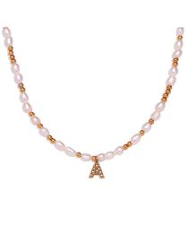 Fashion Gold-a Gold Plated Pearl Beaded Diamond Alphabet Necklace In Titanium Steel