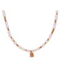 Fashion Gold-b Gold Plated Pearl Beaded Diamond Alphabet Necklace In Titanium Steel