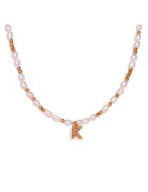 Fashion Gold-k Gold Plated Pearl Beaded Diamond Alphabet Necklace In Titanium Steel