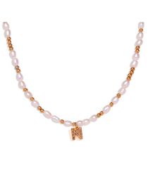 Fashion Gold-n Gold Plated Pearl Beaded Diamond Alphabet Necklace In Titanium Steel