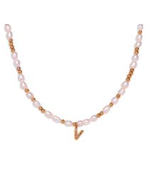Fashion Gold-v Gold Plated Pearl Beaded Diamond Alphabet Necklace In Titanium Steel
