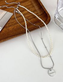 Fashion Silver Pearl Beaded Letter Medal Double Layer Necklace