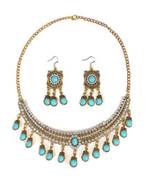 Fashion Turquoise Suit Alloy Diamond Turquoise Earrings Necklace Set