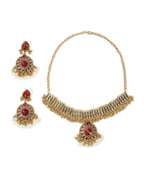 Fashion Red Alloy Diamond Geometric Earrings Necklace Set