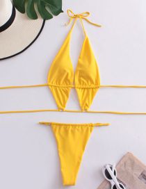 Fashion Yellow Polyester Lace Up One-piece Swimsuit