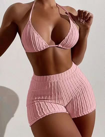 Fashion Pink Nylon Halter Neck Boxer Two-piece Swimsuit