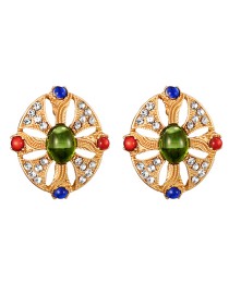 Fashion Color Alloy Diamond Hollow Opal Oval Stud Earrings