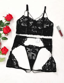 Fashion Black Polyester Lace See-through Underwear Set
